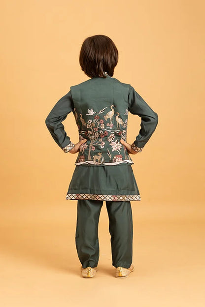 Party & Wedding Special Stylish Green Koti Kurta Set for Kids