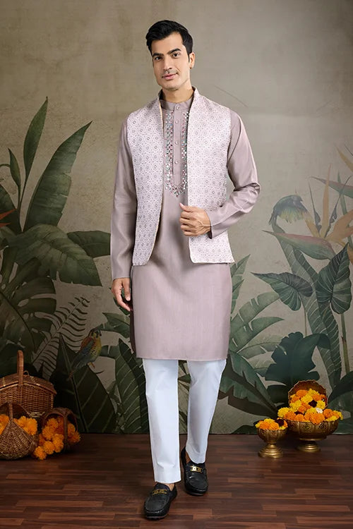 Ivory Roman Silk Kurta With Jacquard Open Koti Set