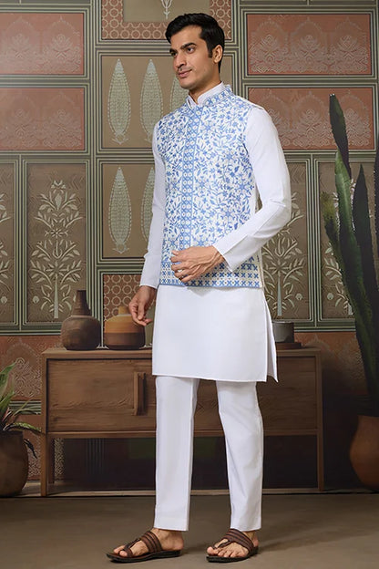 Traditional White Kurta Blue Koti Pajama for Men