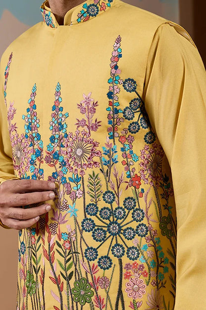 Haldi Ceremony Yellow Embroidered Koti Kurta Set for Mens