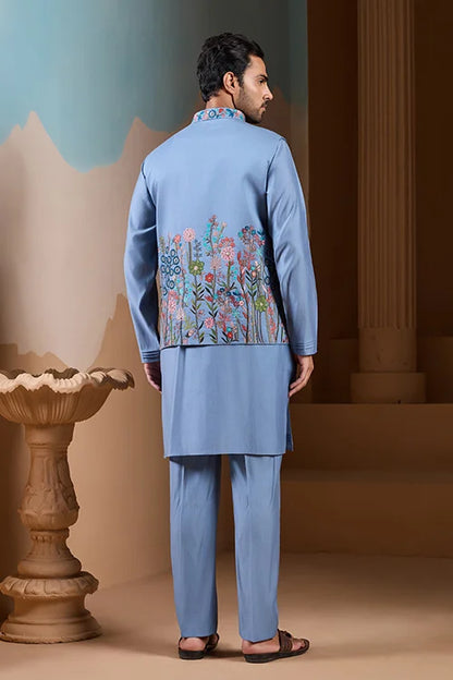 Vibrant Sky Blue Koti Kurta Pajama for Mens Outfits