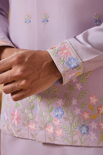 Trendy Lavender Wedding Celebration Beige Kurta Koti Pant Mens