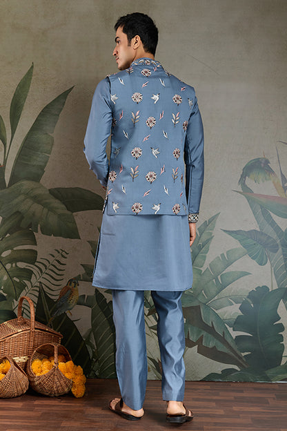 Blue Gray Open Koti Style Kurta Pajama Set For Men