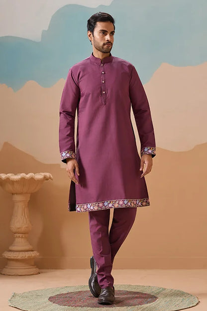 Dusty Color Embroidered Koti Kurta with Pant for Mens
