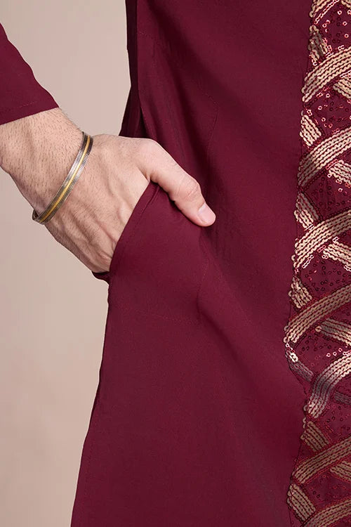 Designer Maroon Men's Silk Kurta For Special Events