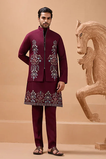 Maroon Color Traditional Special Koti Kurta Set for Men's Wear