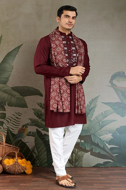 Traditional Maroon Mirror Embroidered Kurta with Dupatta