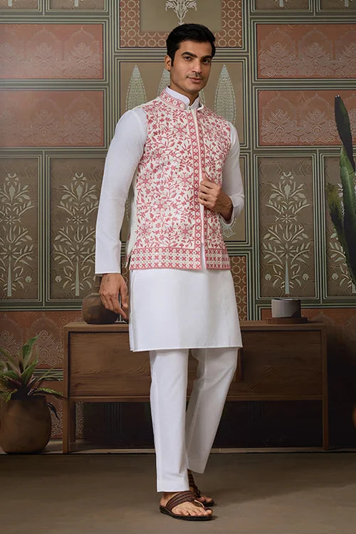 Wedding Pink Koti with White Kurta Pajama Set