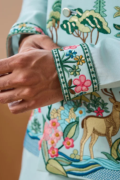 Stylish Sky Color Mens Koti Kurta Set Collection