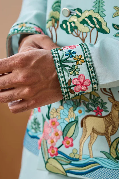 Stylish Sky Color Mens Koti Kurta Set Collection