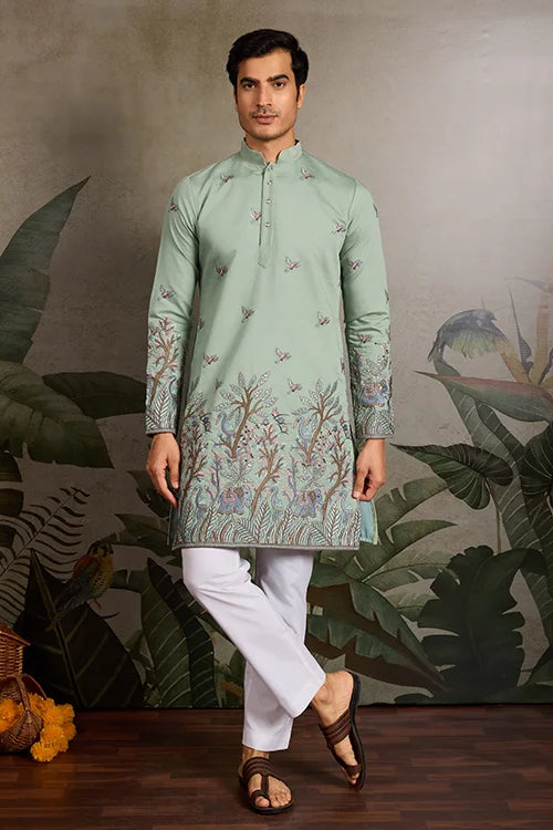 Embroidered Pista Green Wedding Kurta for Mens