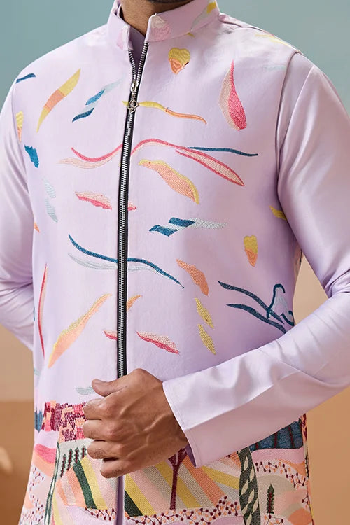 Lavender Wedding Carnival Koti Kurta Set for Mens