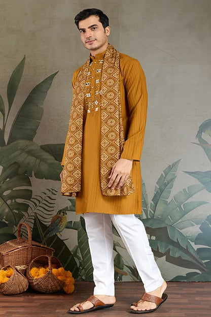 Wedding Special Mustard Mirror Kurta Set with Dupatta for Men