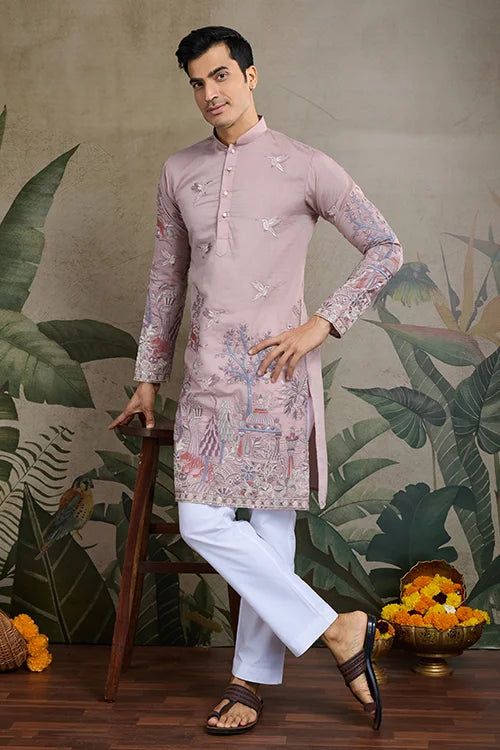 Designer Peach Silk Kurta For Men