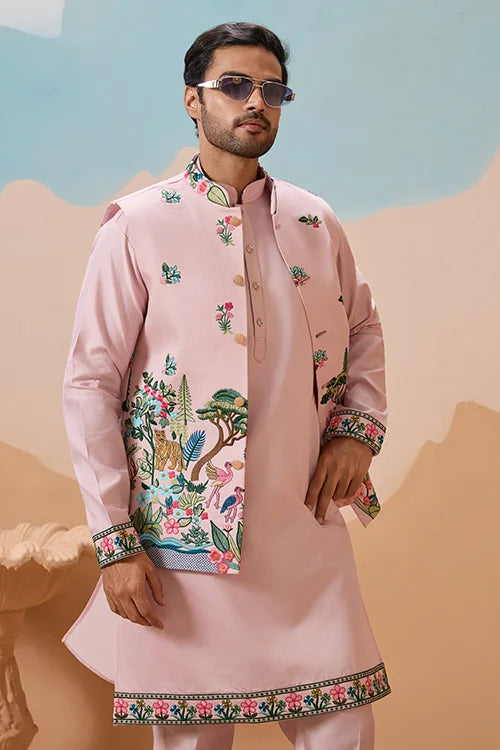 Classy Light Pink Mens Koti Kurta for Wedding Celebrations