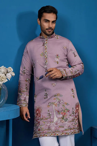 Heavy Embroidered Dusty Pink Kurta for Men