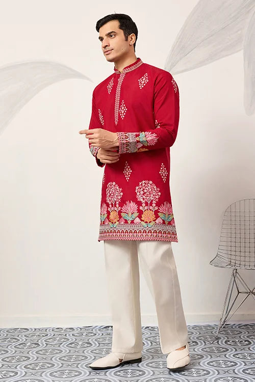 Unique Style Red Color Embroidered Kurta For Mens Wear