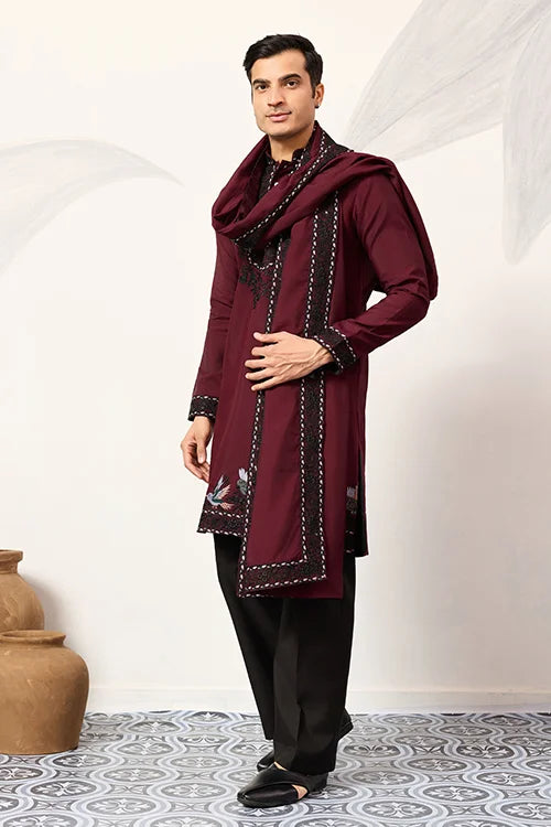 Vibrant Maroon Festive Kurta With Dupatta Set For Groom's Tribe