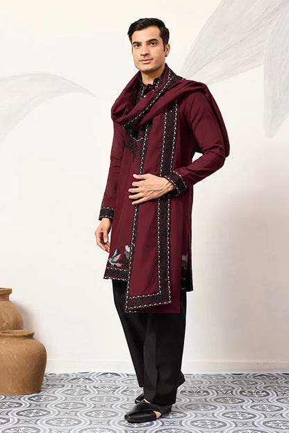 Vibrant Maroon Festive Kurta With Dupatta Set For Groom's Tribe