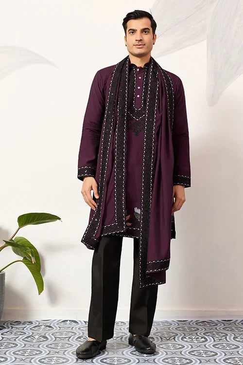 Purple Wedding Special Kurta With Dupatta For Mens Wear