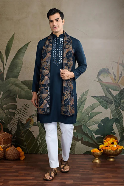Teal Blue Viscose Rayon Kurta With Mirror Work