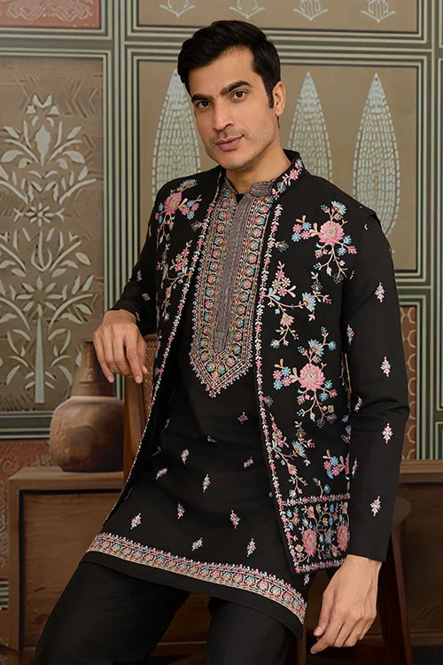 Black Mens Kurta with Stylish Koti for Wedding Wear