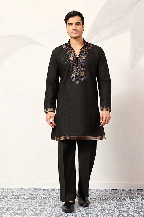 Party Wear Black V Neck Style Kurta Pant For Mens Wear