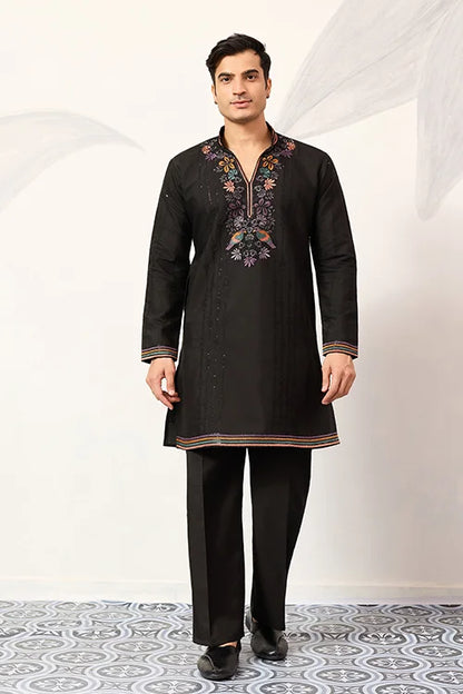 Party Wear Black V Neck Style Kurta Pant For Mens Wear