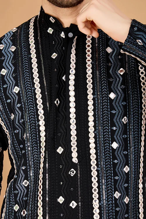 Viscose Rayon Black Color Heavy Embroidered Kurta For Men
