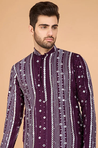 Purple Sequence With Mirror Foil Embroidered Mens Wear Kurta