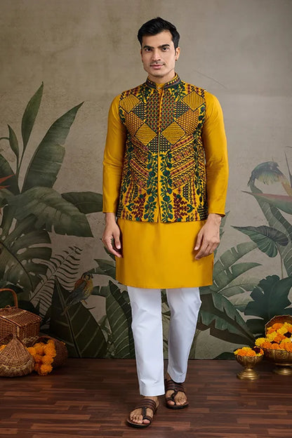 Indian Ethnic Wear Designer Yellow Kurta Koti Jacket