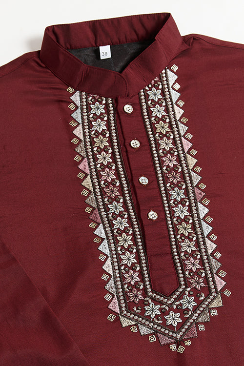 Wedding Special Maroon Jacket Style Kurta Pajama Full Set