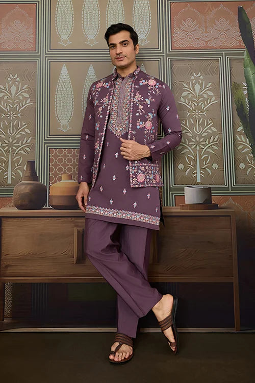 Dusty Purple Wedding Kurta with Matching Koti Set for men