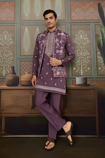 Dusty Purple Wedding Kurta with Matching Koti Set for men