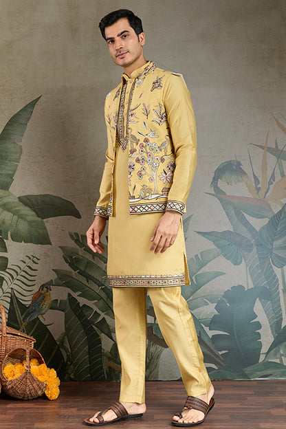 Haldi Special Yellow Kurta Pajama With Open Jacket For Men