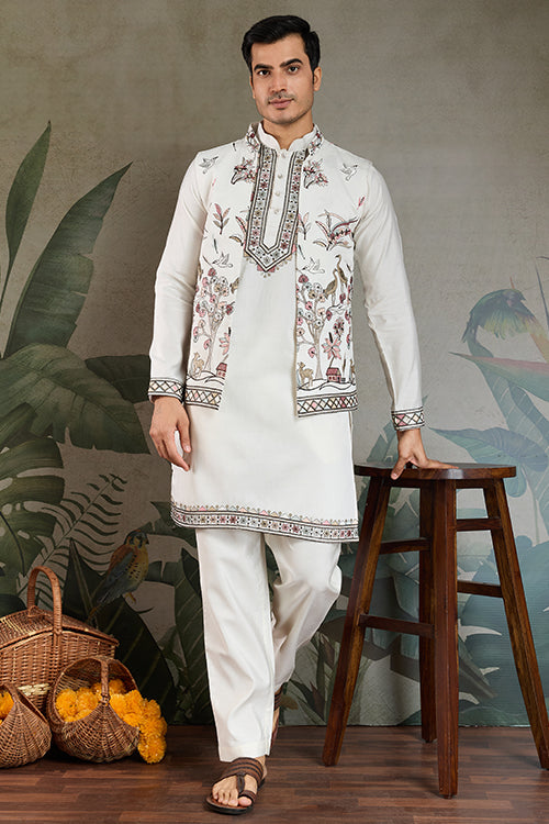 White Open Koti Style Full Kurta Pajama Set For Men