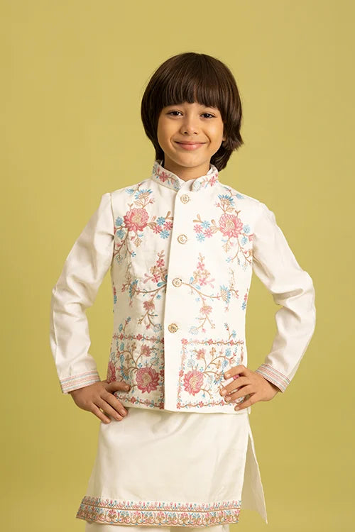 Traditional Wear White Koti Kurta Pajama for Boys Wear