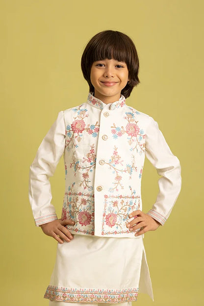 Traditional Wear White Koti Kurta Pajama for Boys Wear