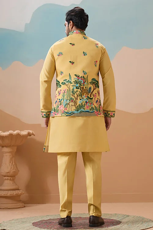Haldi Special Yellow Classic Koti Kurta Set for Mens Wear