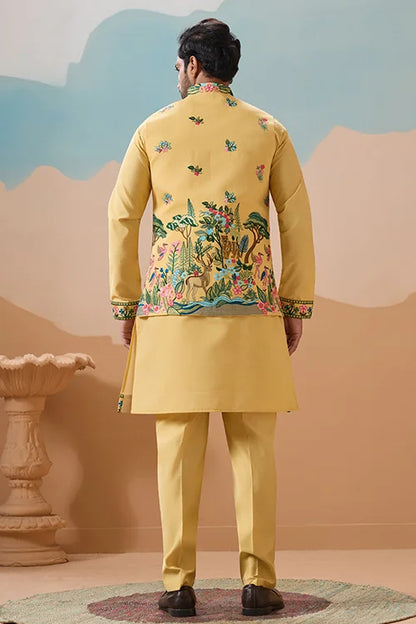 Haldi Special Yellow Classic Koti Kurta Set for Mens Wear