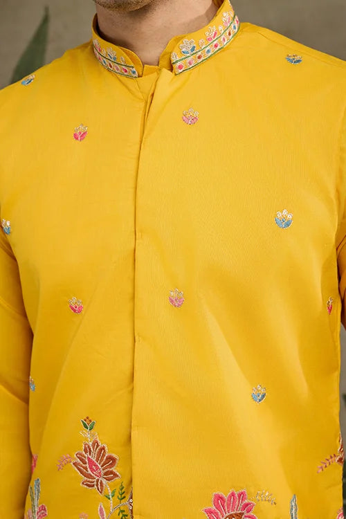 Designer Yellow Cotton Kurta With Koti Jacket Online