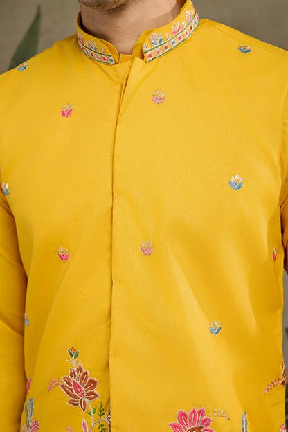 Designer Yellow Cotton Kurta With Koti Jacket Online