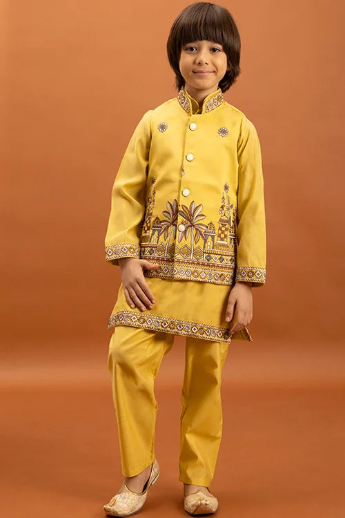 Designer Yellow Koti Kurta Set For Kids Wear