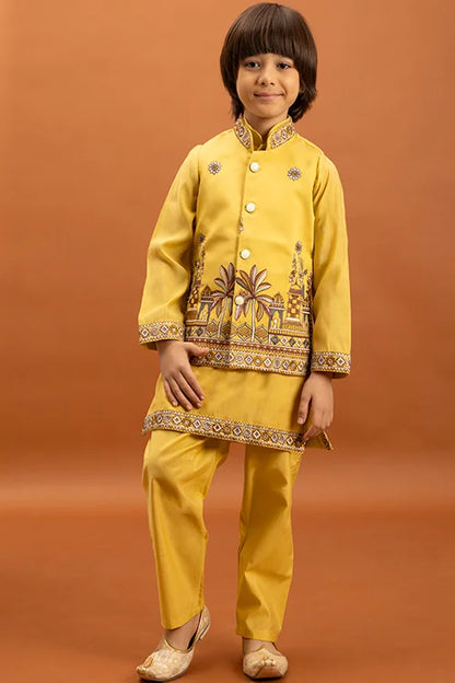 Designer Yellow Koti Kurta Set For Kids Wear
