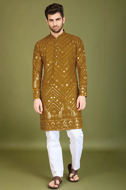 Traditional Embroidered Yellow Silk Kurta For Men