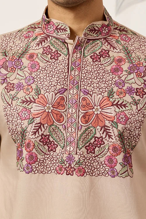 Beige Color Kurta Pant Set For Mens Traditional Outfit