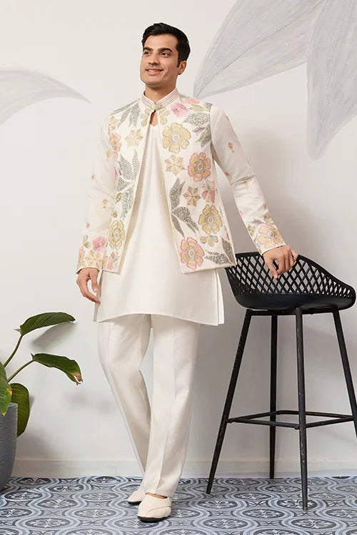 Carnival Function White Koti Kurta Pair For Mens Wear