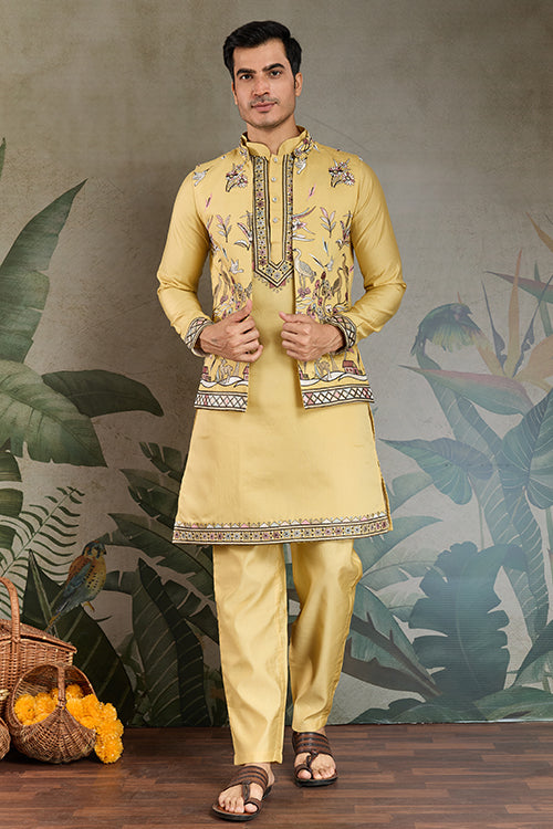 Haldi Special Yellow Kurta Pajama With Open Jacket For Men