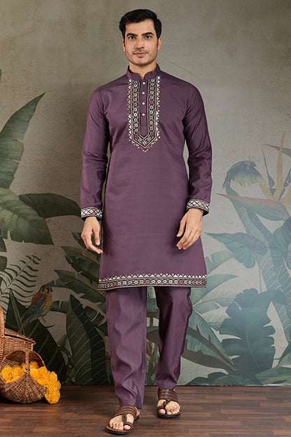 Traditional Rust Purple Kurta Pajama With Stylish Open Jacket