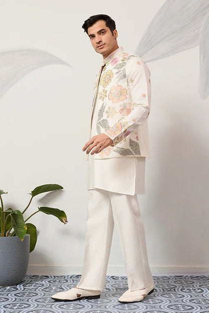 Carnival Function White Koti Kurta Pair For Mens Wear